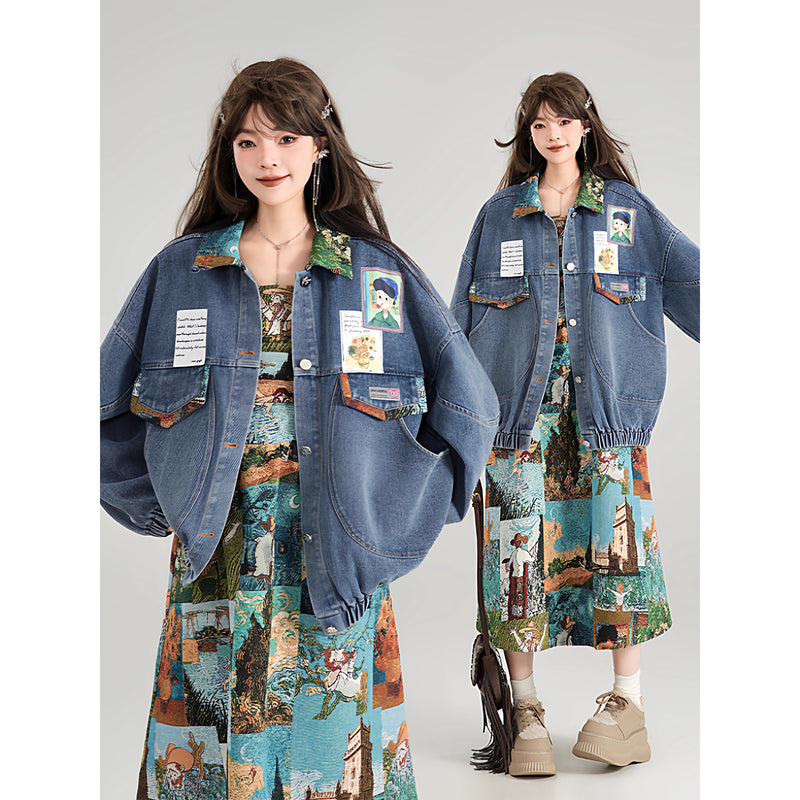 西洋油彩画のリボンデニムジャケット