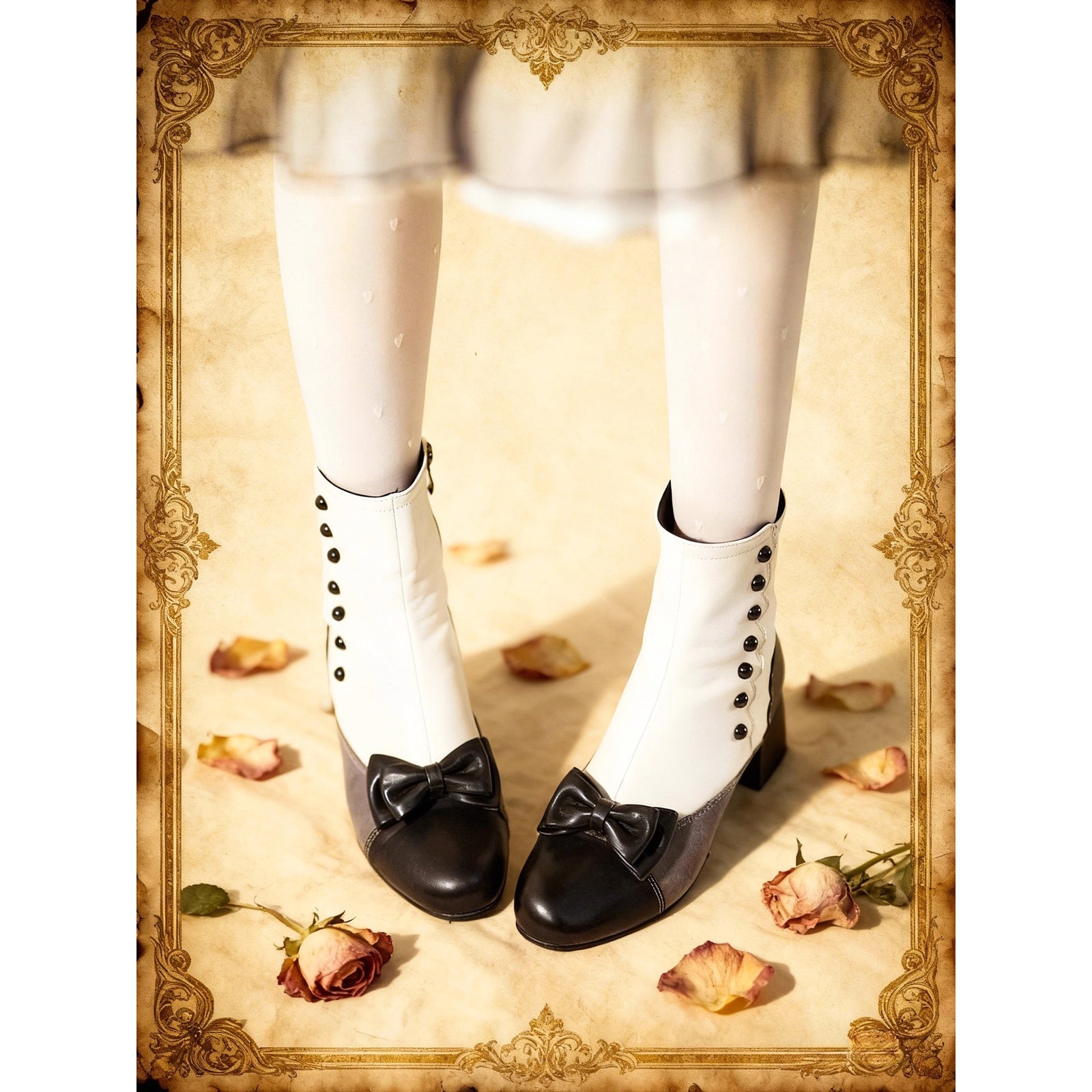 Ribbon Victorian Button Short Boots - Black White Gray[2026年2月