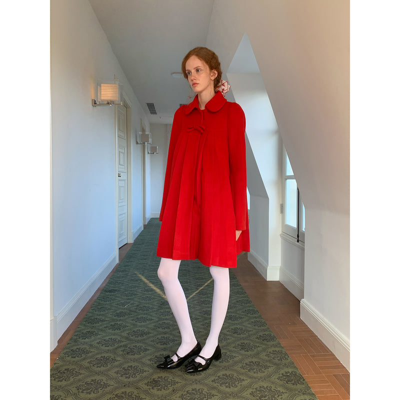 Bright Red Pleated Wool Coat with Ribbon