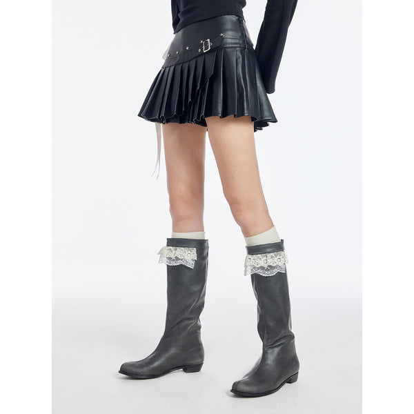 Black Leather Pleated Short Skirt