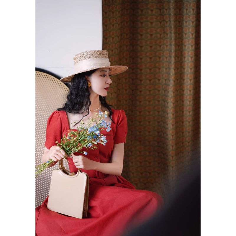 紅赤の貴婦人ヘップバーンワンピース