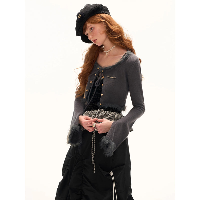 Charcoal Gray Feather Fringe Short Cardigan