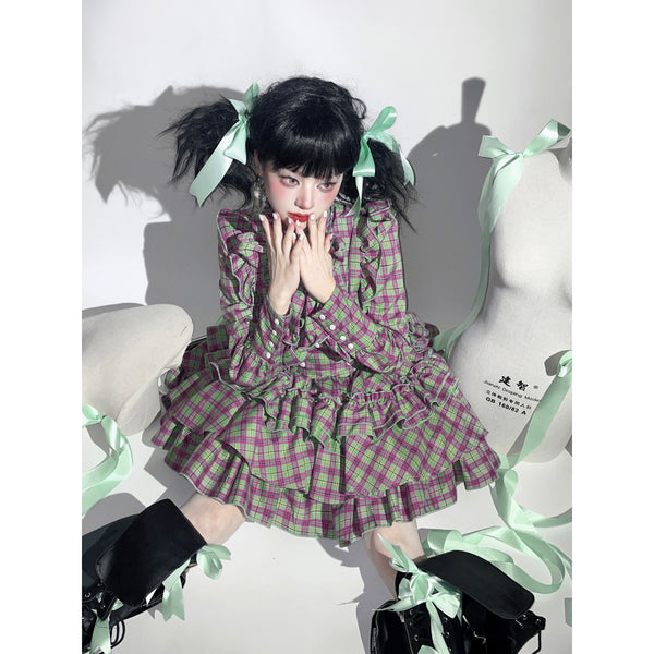 ドールなお嬢様のリボンブラウスとストラップスカート - Purple Green Plaid