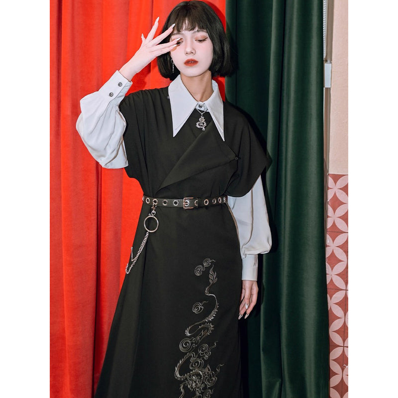 漆黒の龍の刺繍ロングジレワンピース