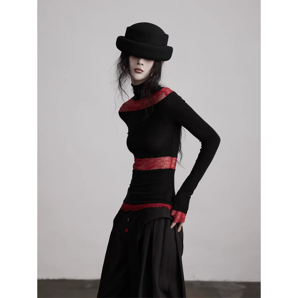 Black Red Turtleneck Knit Top