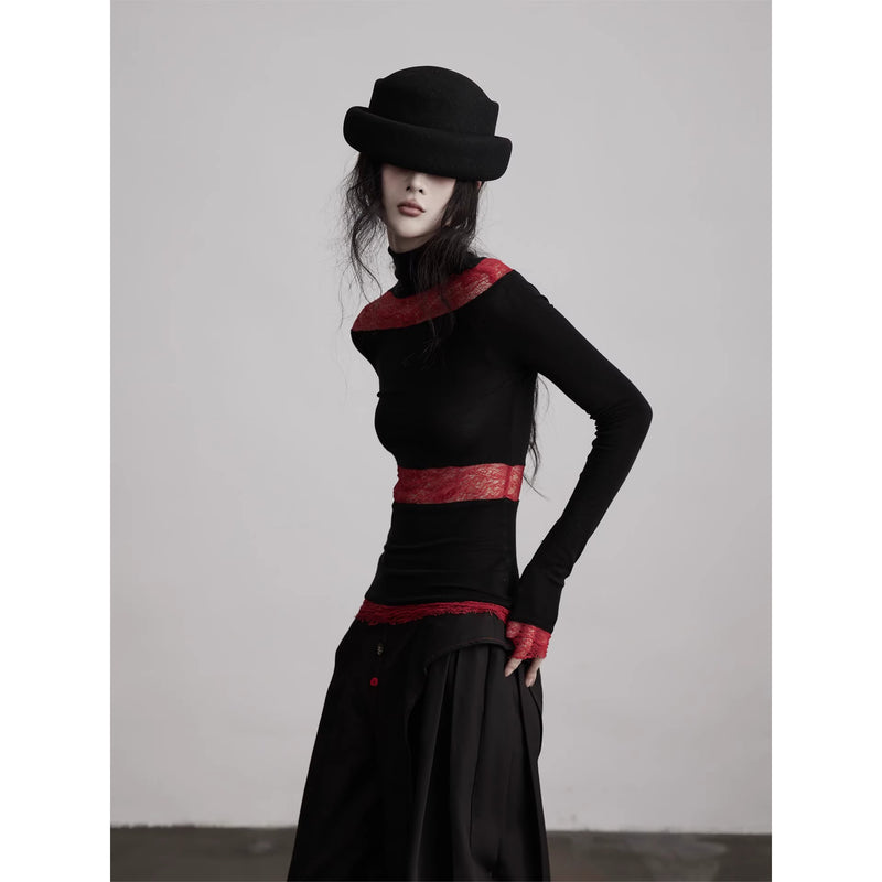 Black Red Turtleneck Knit Top