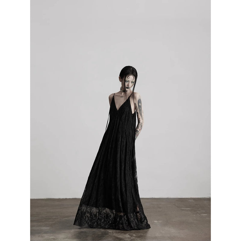 Dark Night Flower Embroidered Lace Camisole Dress