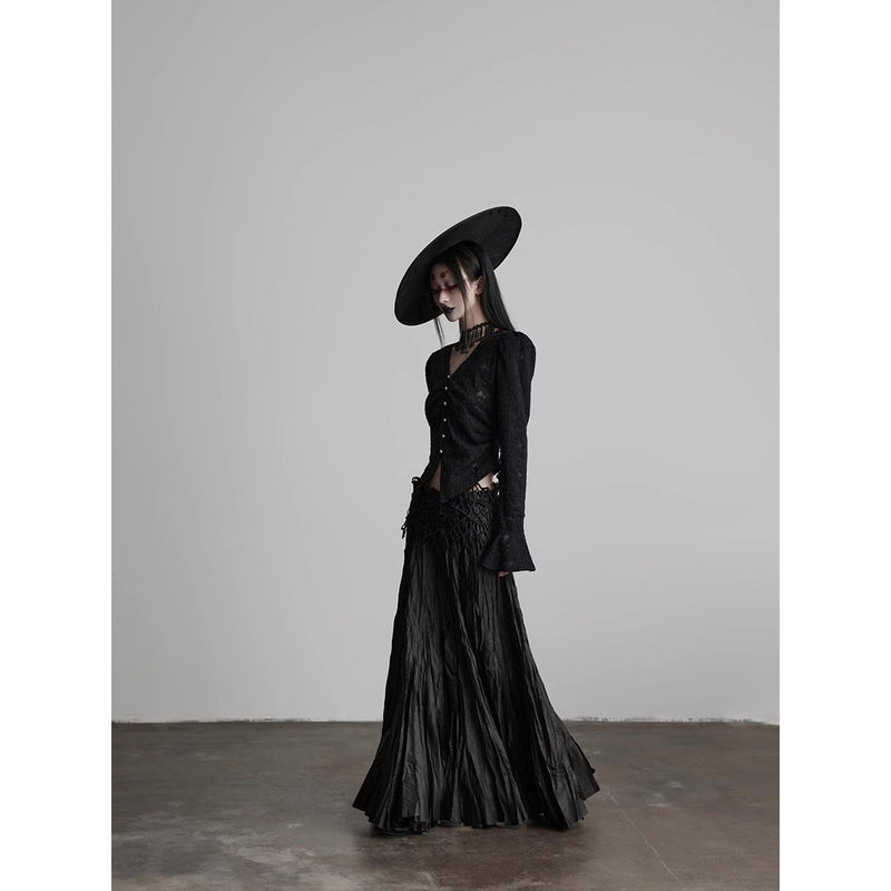 Black Embroidered Pleated Long Skirt