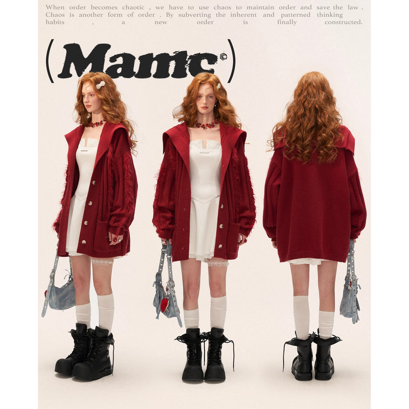 Fur-trimmed Ribbed Knit Cardigan - Red