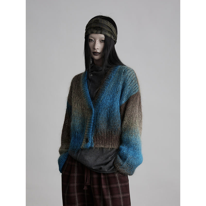 Short Cardigan with Gradation of Blue and Brown