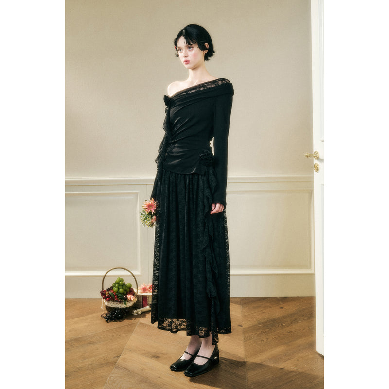 Rose Patterned Lace Top and Long Skirt - Black