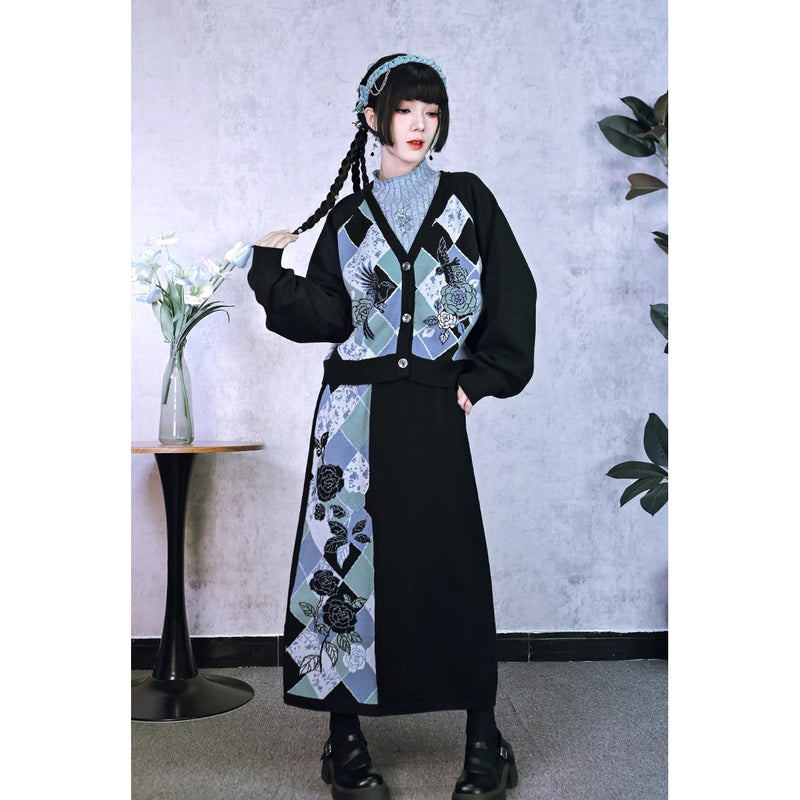 椿の花と鶯の挿絵カーディガンとニットスカート