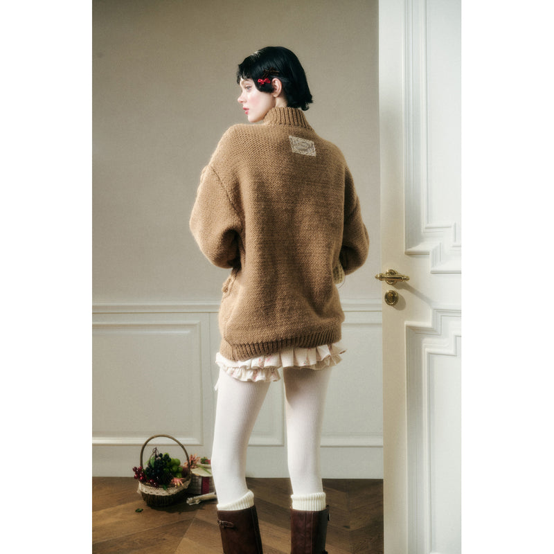 Hand-Knitted Cable Pattern Wool Knit Jacket