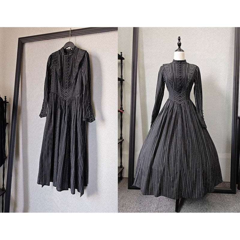 西洋令嬢の縦縞クラシカルワンピース - Black[2025年12月上旬-12月下旬発送予定]