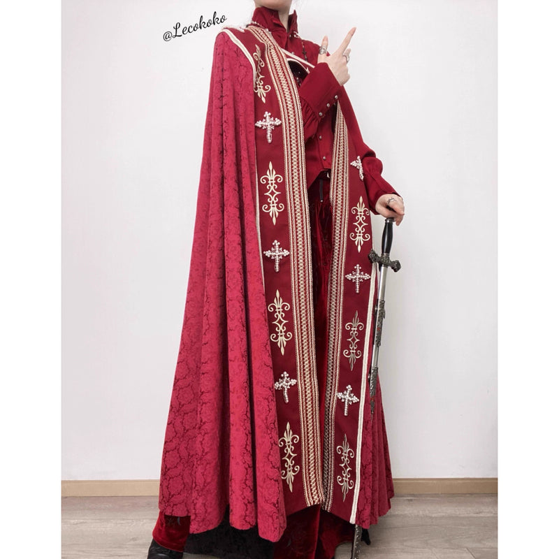 月夜の修道女の刺繍ロングマント - Wine Red × Gold[2025年12月上旬-2026年1月上旬発送予定]