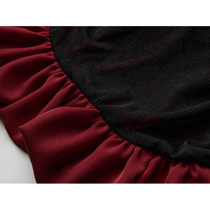 Black and Red Bicolor Layered Long Skirt