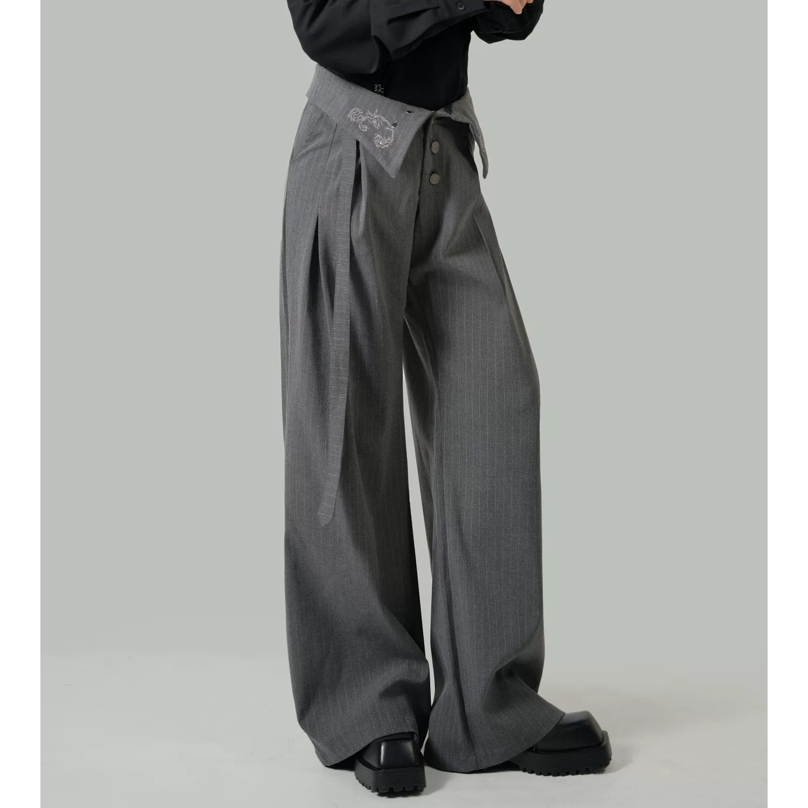 Corset High-Waist Pinstriped Wide-Leg Pants - Gray – ManusMachina