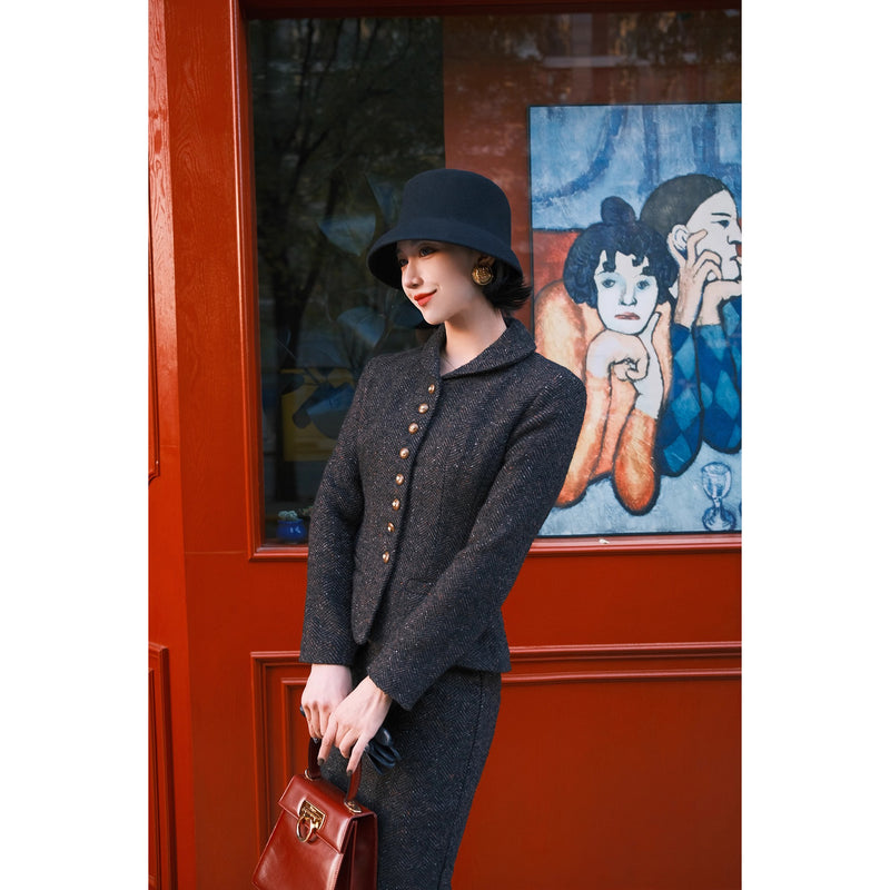 銀幕の貴婦人のツイードジャケットとペンシルスカート - Dark Black