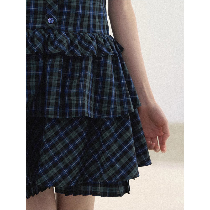 Blue and Green Checkered Tiered Dress