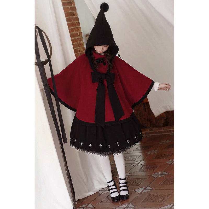 物語のお嬢様のケープコートとリボンフード - Wine Red[2025年12月上旬-2026年1月上旬発送予定]