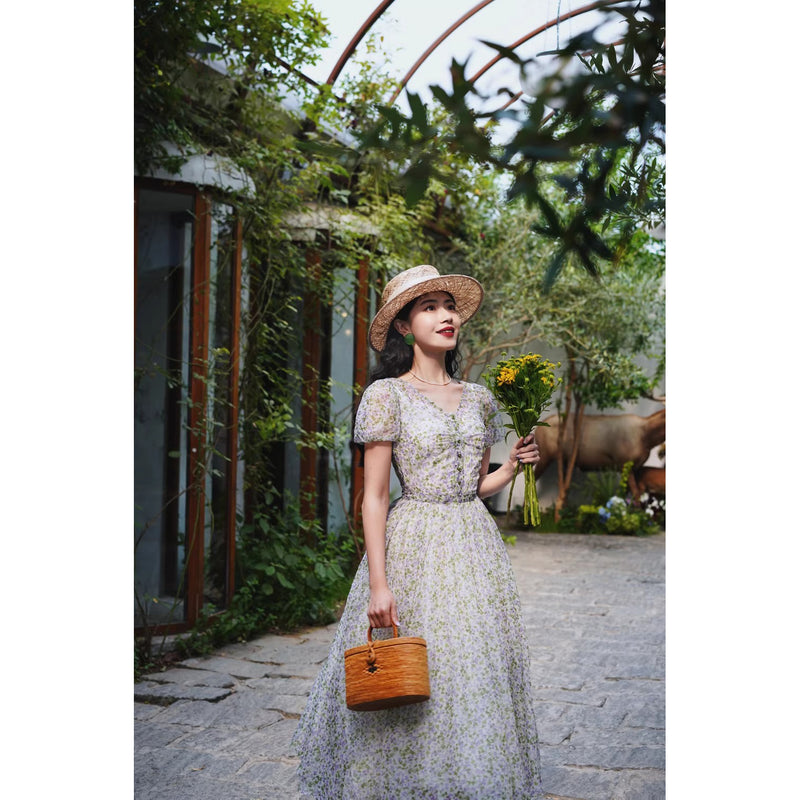 藍紫の花群集フレンチレトロワンピース