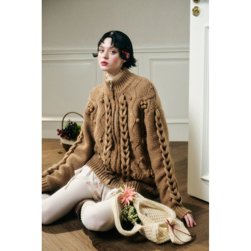 Hand-Knitted Cable Pattern Wool Knit Jacket