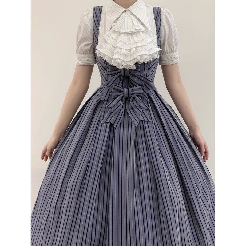 西洋令嬢の縦縞クラシカルジャンパースカート - Navy Gray[2026年1月上旬-1月下旬発送予定]