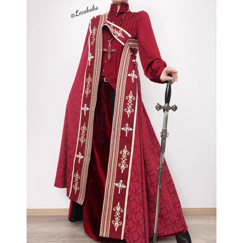 月夜の修道女の刺繍ロングマント - Wine Red × Gold[2025年12月上旬-2026年1月上旬発送予定]