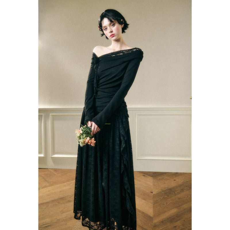 Rose Patterned Lace Top and Long Skirt - Black