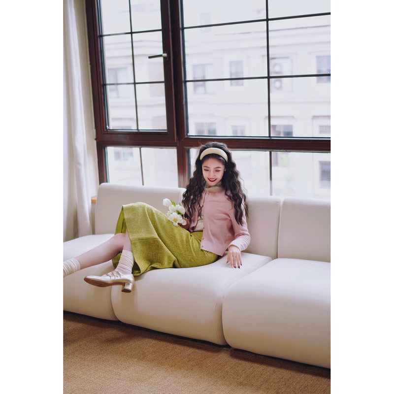 黄緑の若葉色ウールハーフスカート