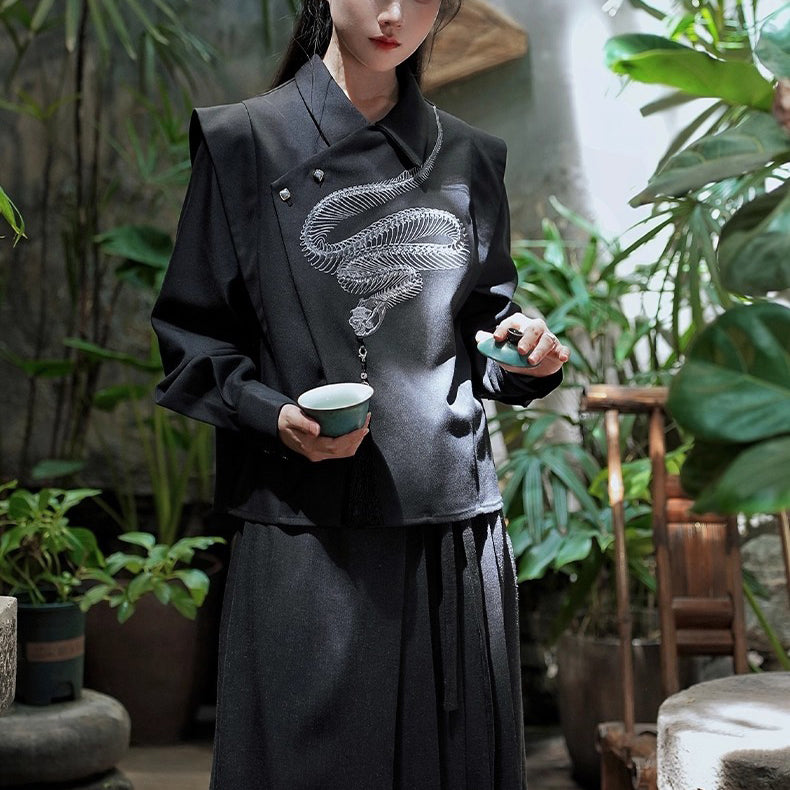 蛇骨の刺繍アシンメトリートップス - Black