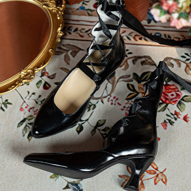 Black Lace Up Pointed Toe Heeled Pumps