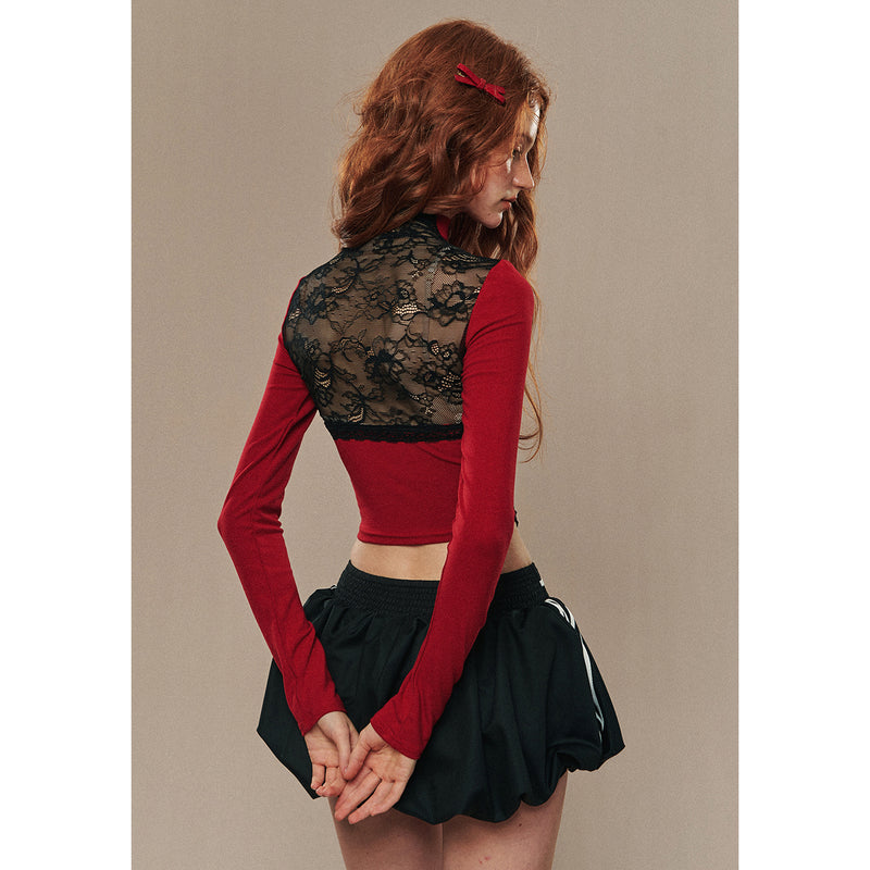 Ribbon Embroidery Slim Turtleneck Short Top