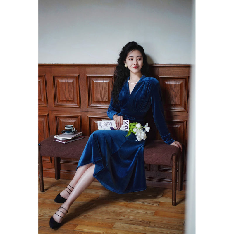 紺藍色の貴婦人ベルベットワンピース