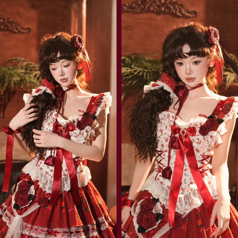 【値下げ】ハンドメイド　ボレロジャケット　ビスチェ　ティアードスカート　ロリータ 深紅の薔薇の編み上げビスチェとティアードスカート[2026年3月下旬-4月