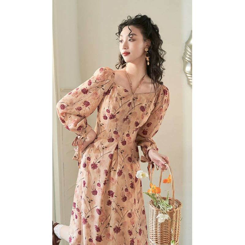 French Retro Rose Flower Dress