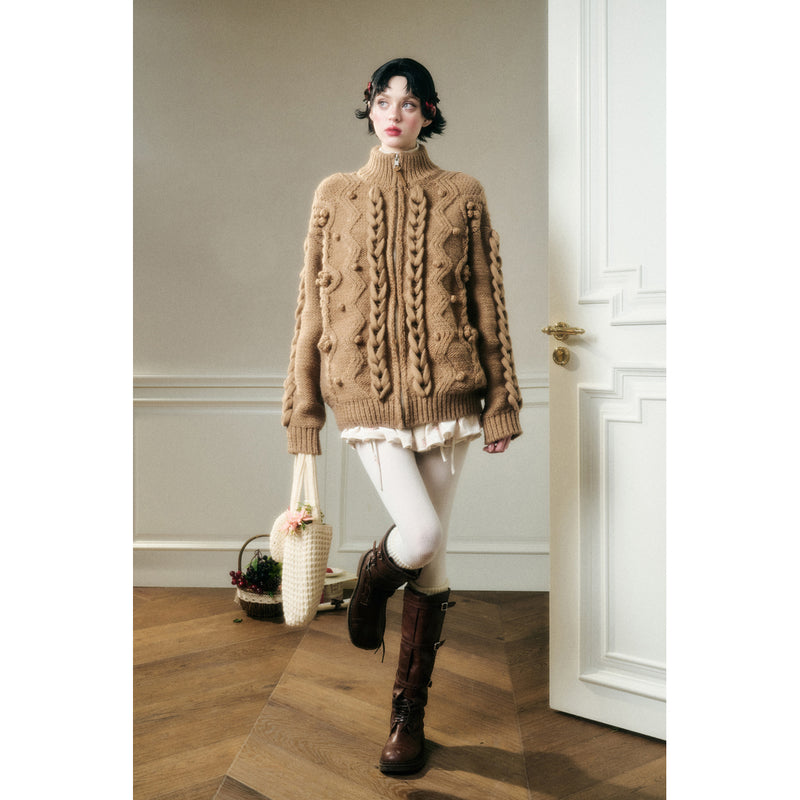 Hand-Knitted Cable Pattern Wool Knit Jacket