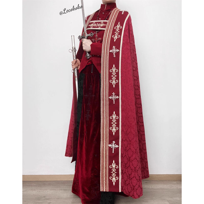 月夜の修道女の刺繍ロングマント - Wine Red × Gold[2025年12月上旬-2026年1月上旬発送予定]