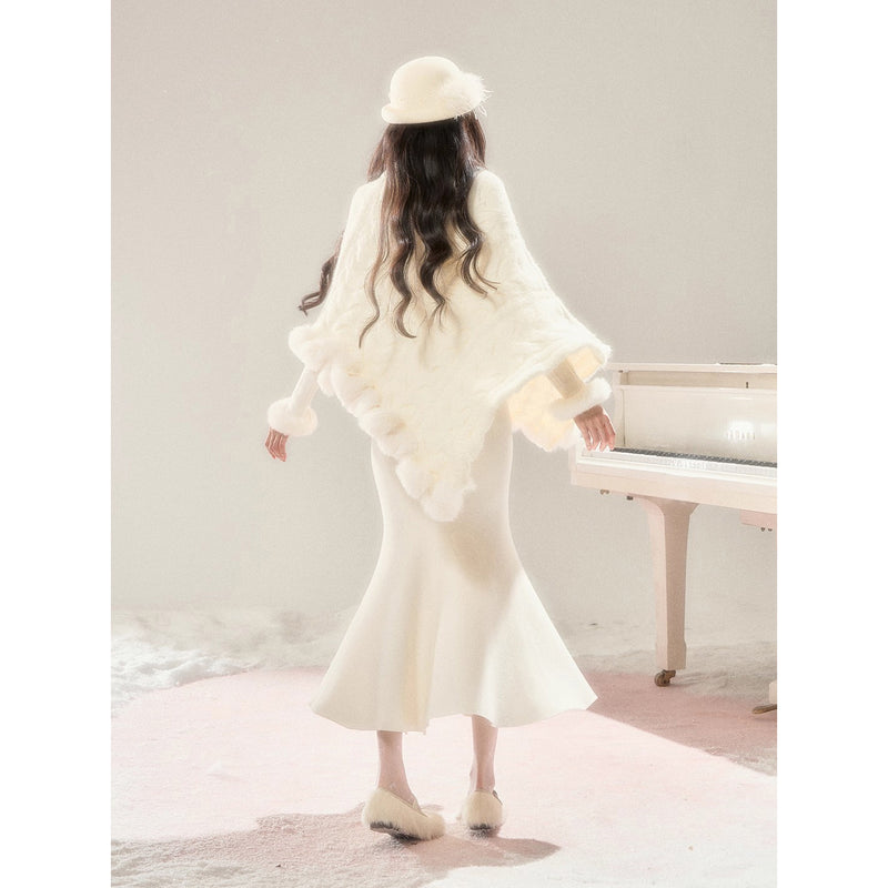 High-neck Knit Shawl Cape