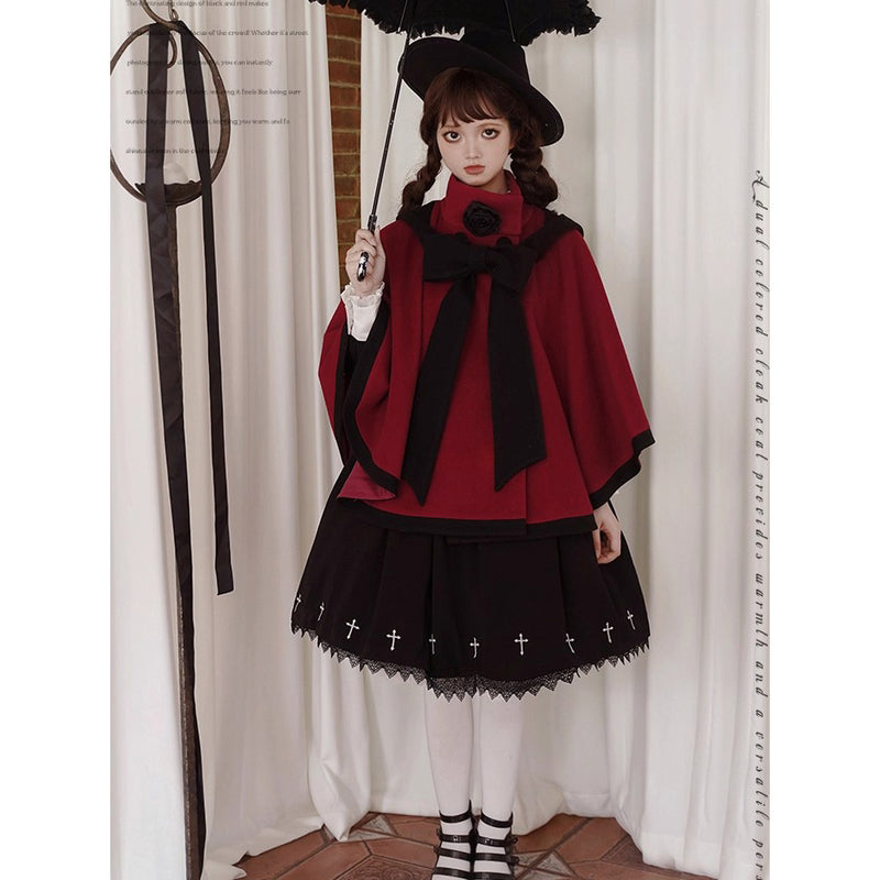 物語のお嬢様のケープコートとリボンフード - Wine Red[2025年12月上旬-2026年1月上旬発送予定]
