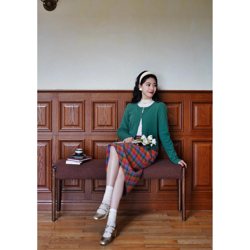 木漏れ日の格子柄ウールハーフスカート