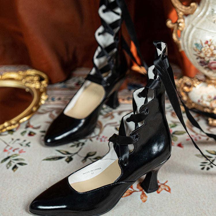 Black Lace Up Pointed Toe Heeled Pumps