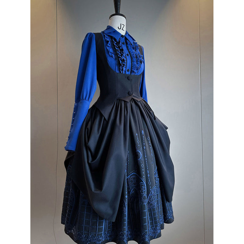 修道女の刺繍ジャンパースカート - Black × Blue[2025年3月下旬-5月上旬発送予定]