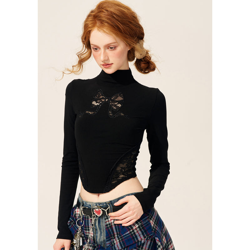 Ribbon Embroidery Slim Turtleneck Short Top