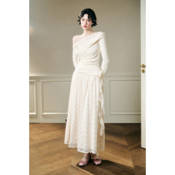 Rose Patterned Lace Top and Long Skirt - Ivory