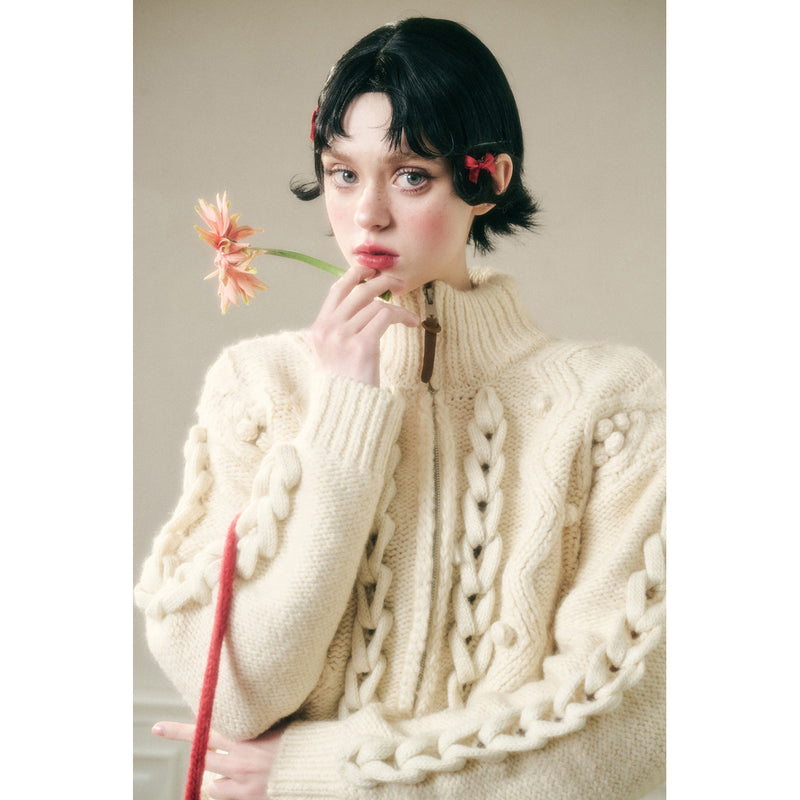 Hand-Knitted Cable Pattern Wool Knit Jacket