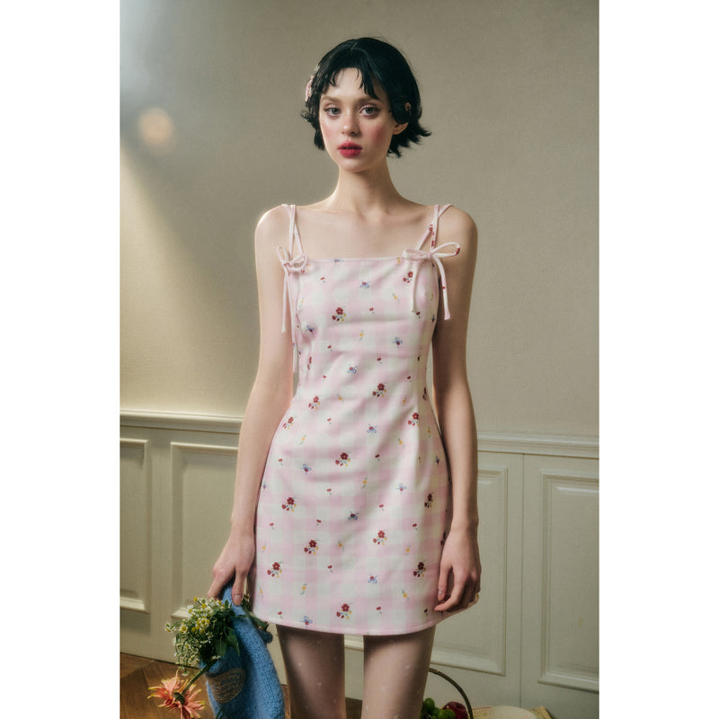 Camisole Dress with Pink Plaid and Floral Pattern