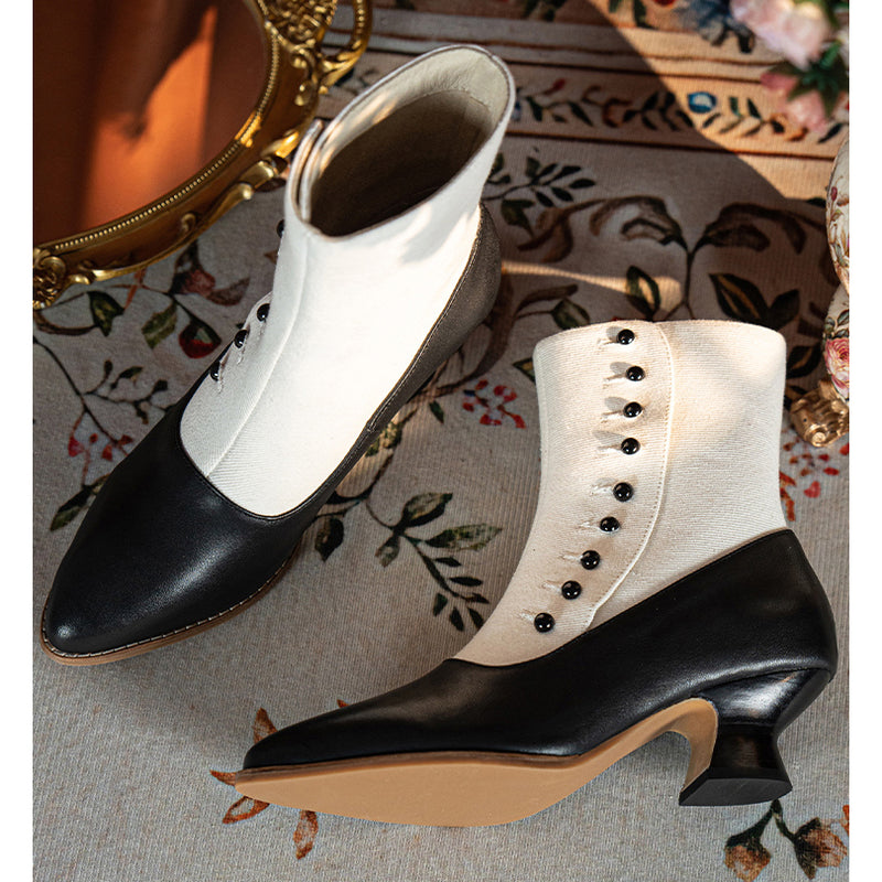 Victorian Pointed Toe Buttoned Short Boots - Black White