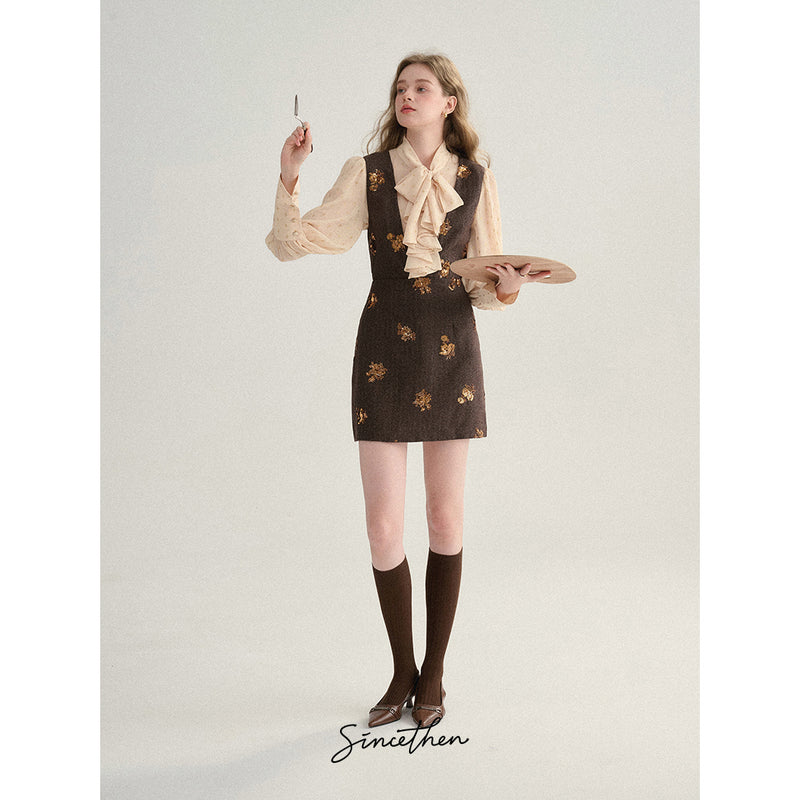 Brown Sequins Embroidered Jumper Skirt