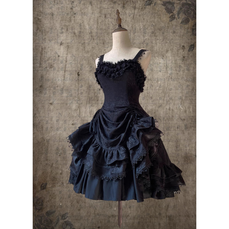 漆黒の薔薇の刺繍ワンピースとジャンパースカート[2025年12月中旬-2026年1月中旬発送予定]